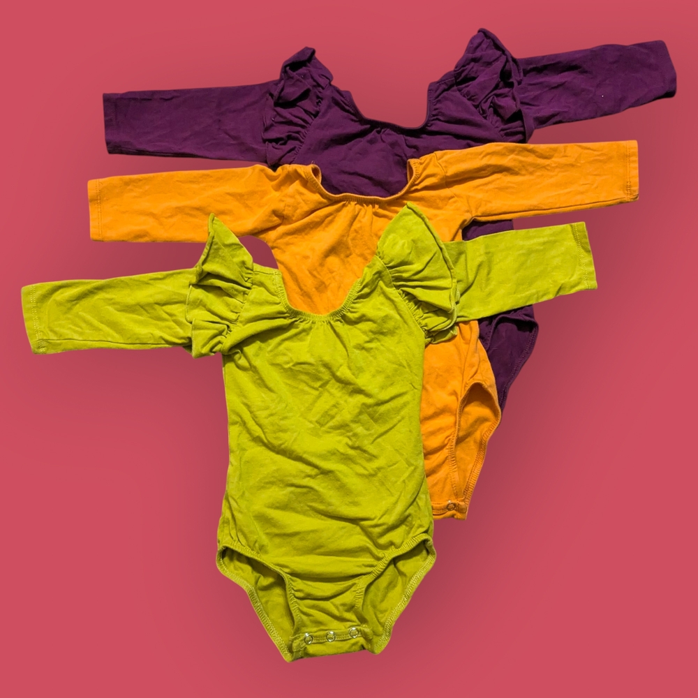 Purple and Orange Crossover Bodysuits in Stretchy Fabric